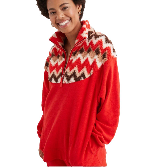 Aerie Hometown Holiday Quarter Zip Sweatshirt Red Sherpa Tribal XXL NWT - Picture 1 of 9